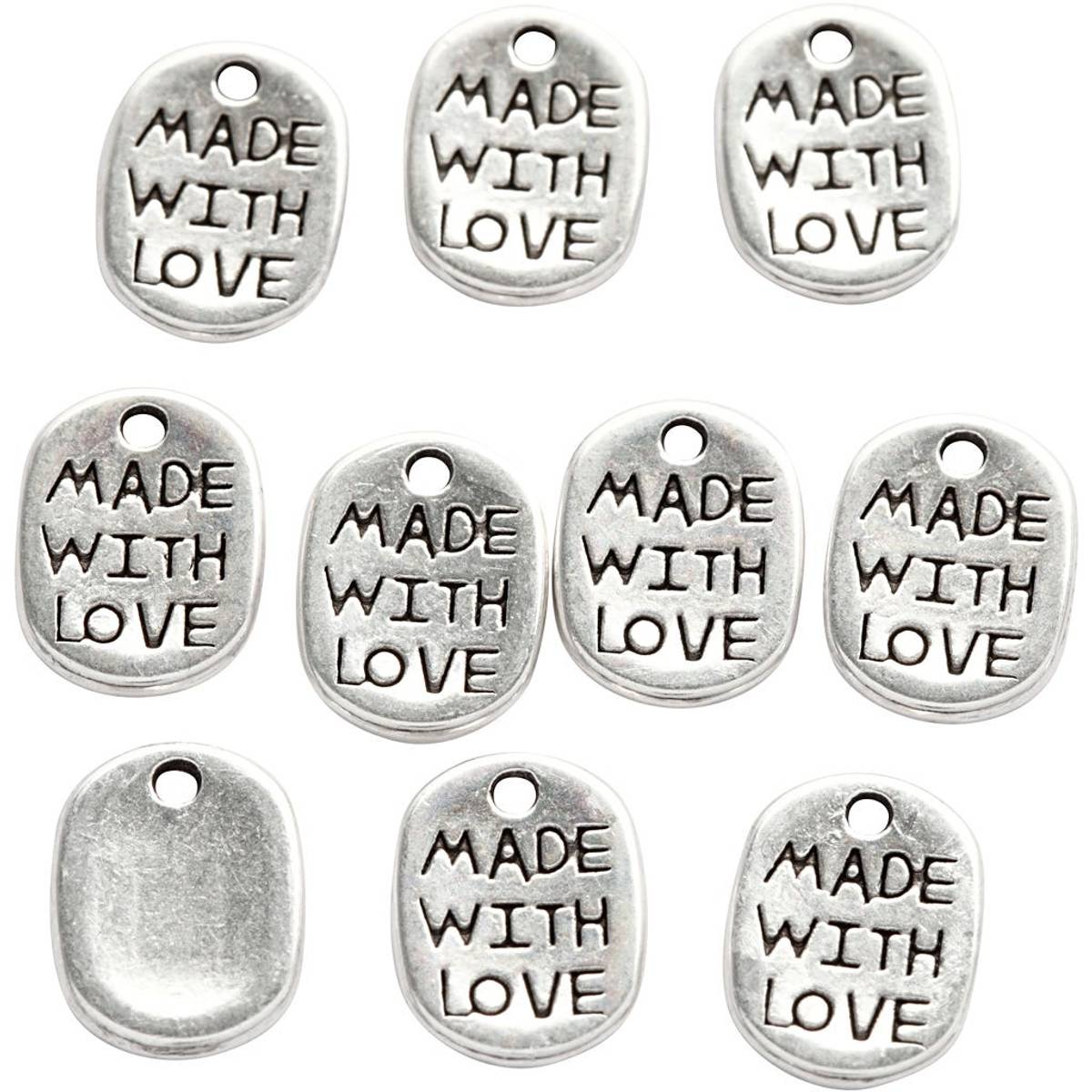 Charms - made with love  -sølv, 10-pack